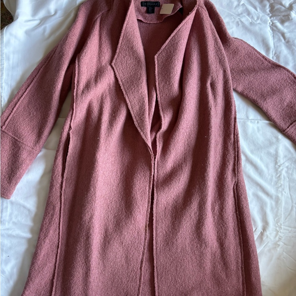 Tahari Wool Blend Long Duster Coat Pink Size Medium Lagenlook Waterfall Topper